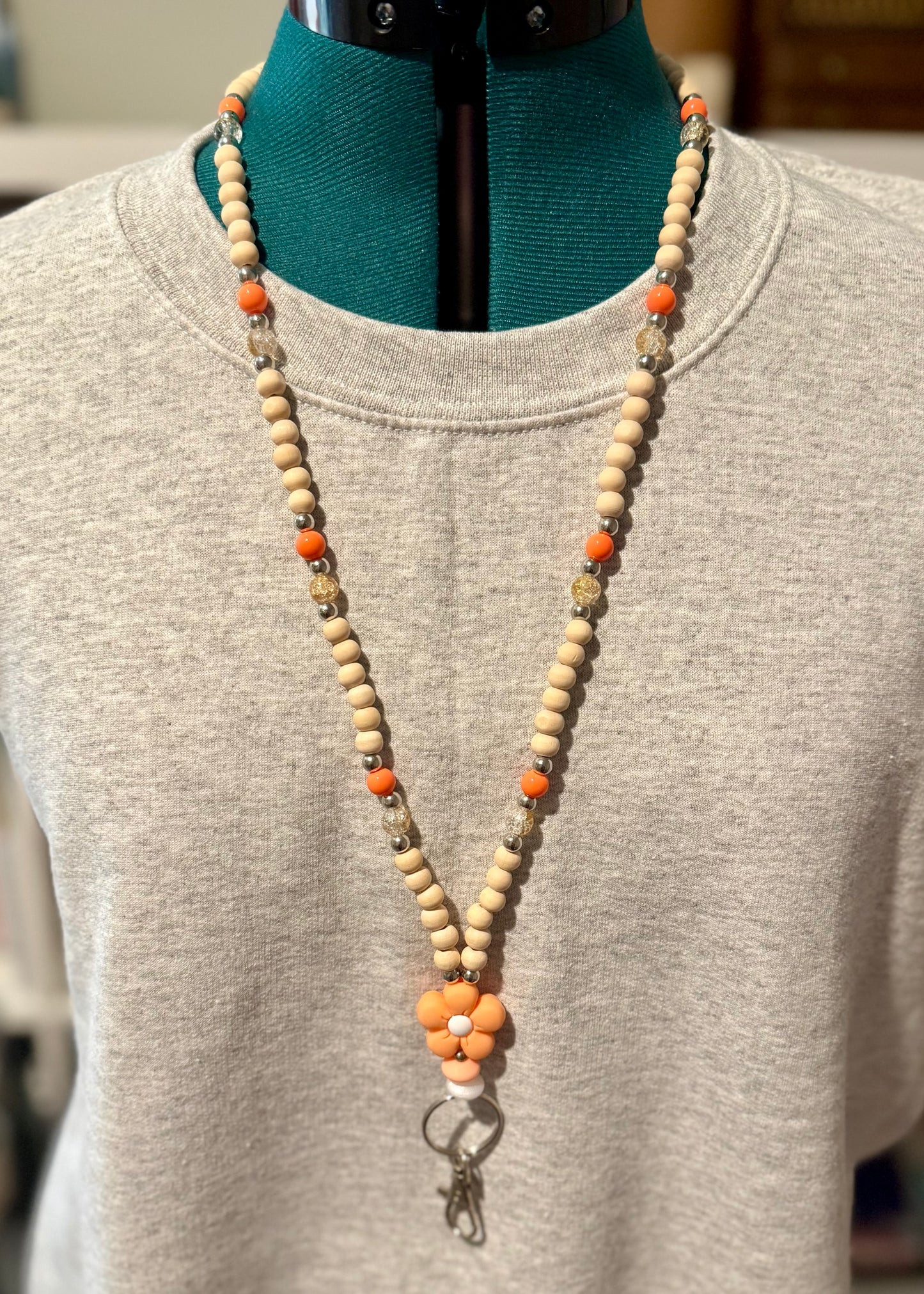 Beaded Lanyard- Wooden Orange Flower