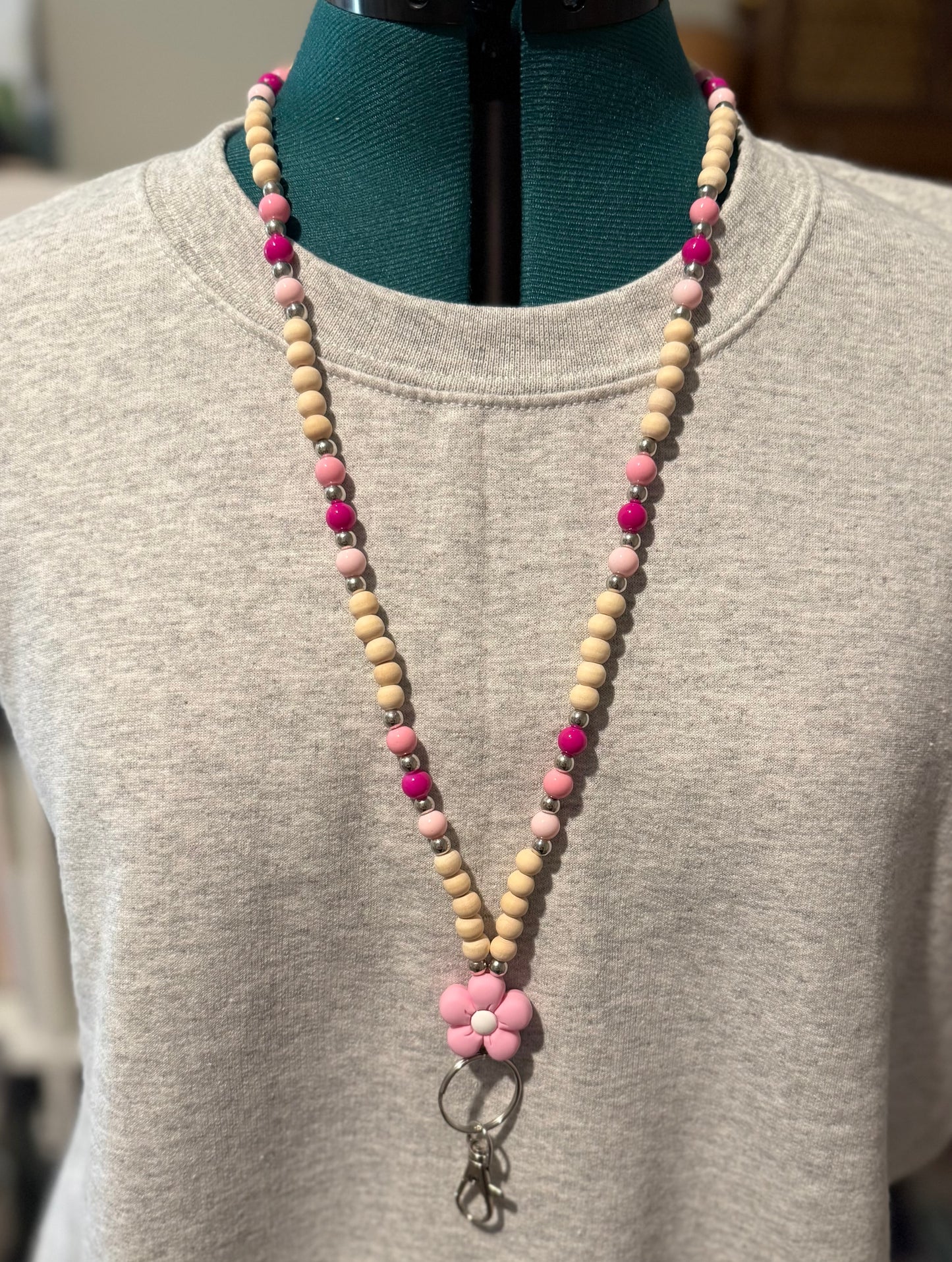 Beaded Lanyard- Wooden Pink Flower