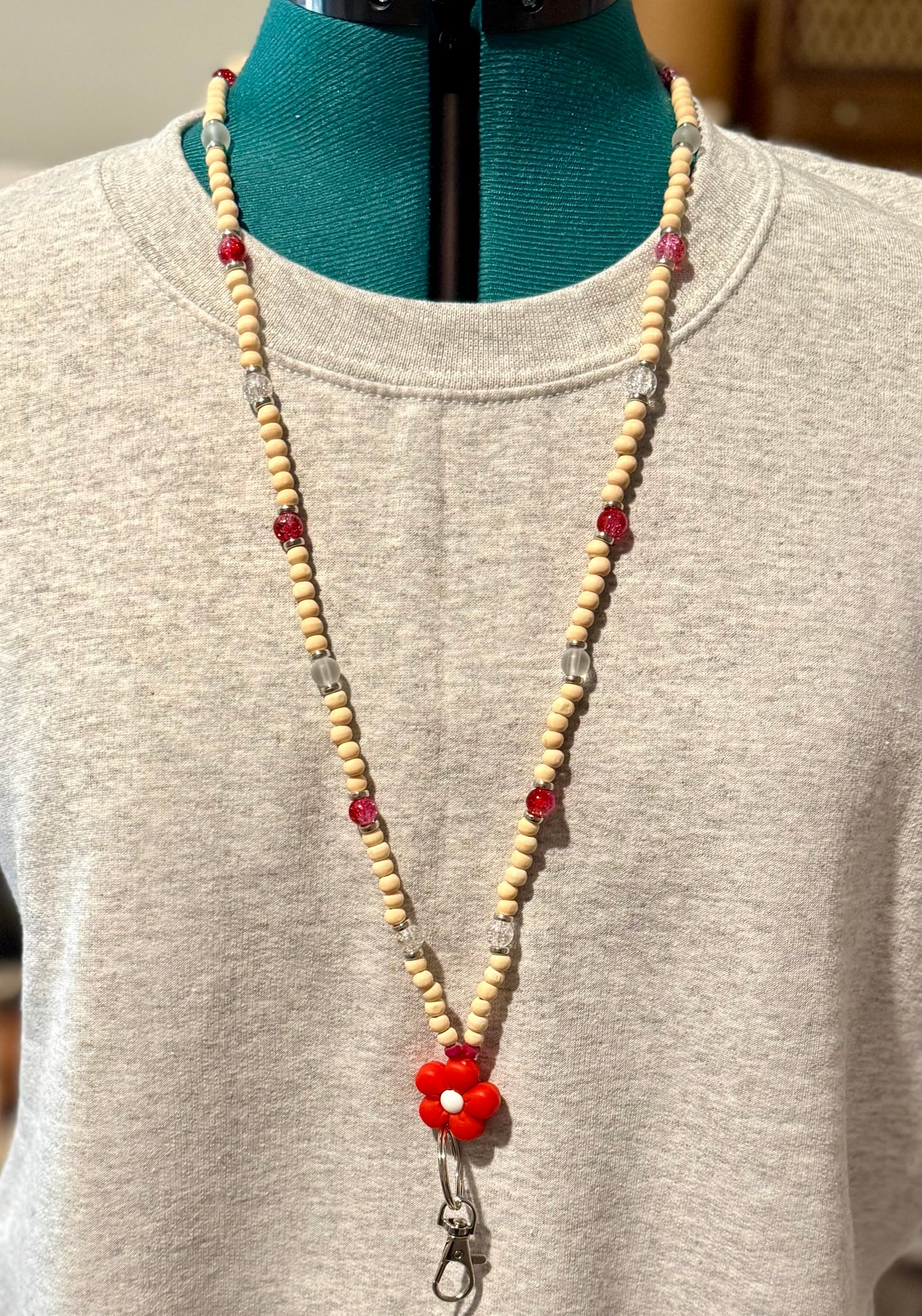 Beaded Lanyard- Wooden Red Flower