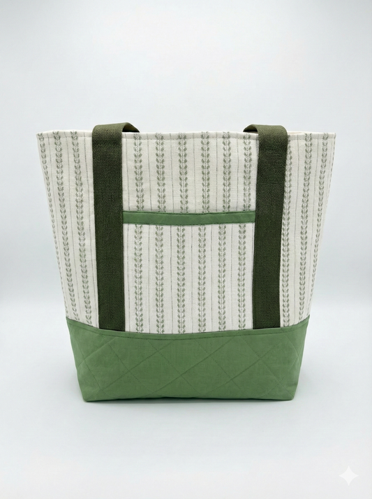 Classic Everyday Tote Bag- Sage & Cream