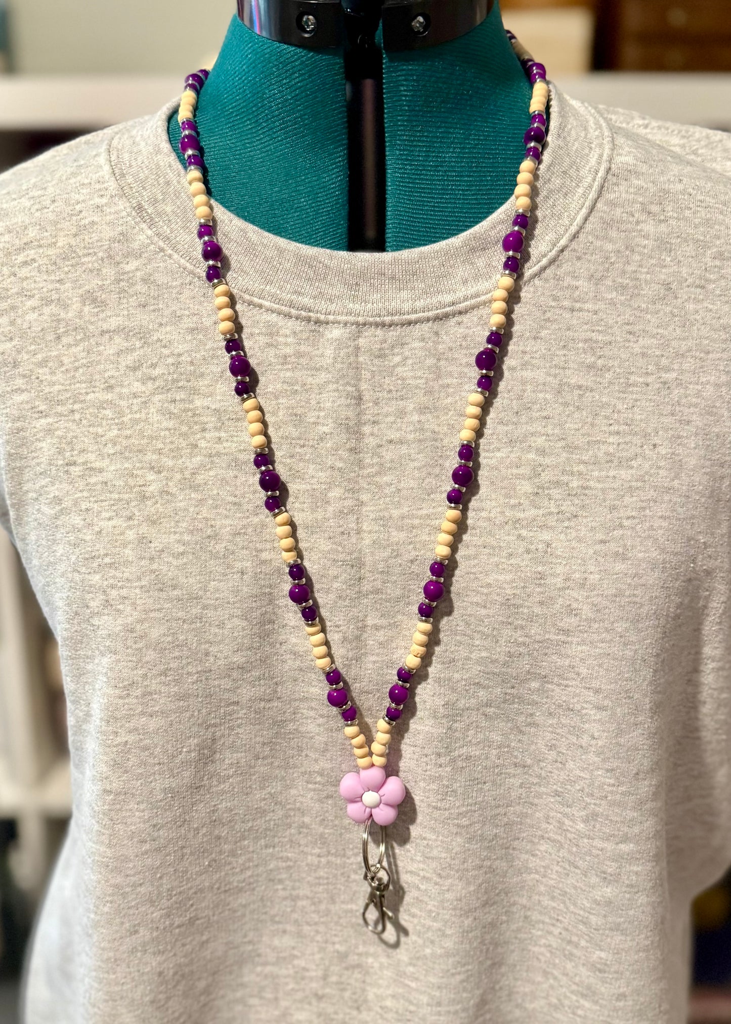 Beaded Lanyard- Wooden Purple Flower