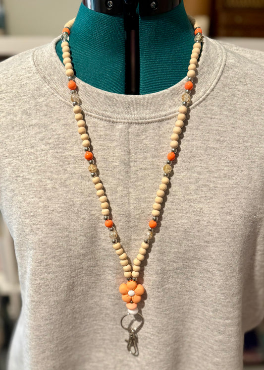 Beaded Lanyard- Wooden Orange Flower
