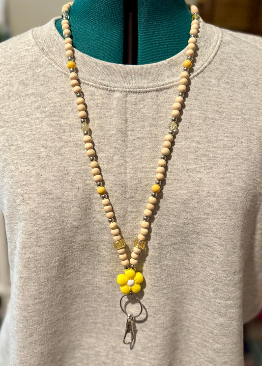 Beaded Lanyard- Wooden Yellow Flower